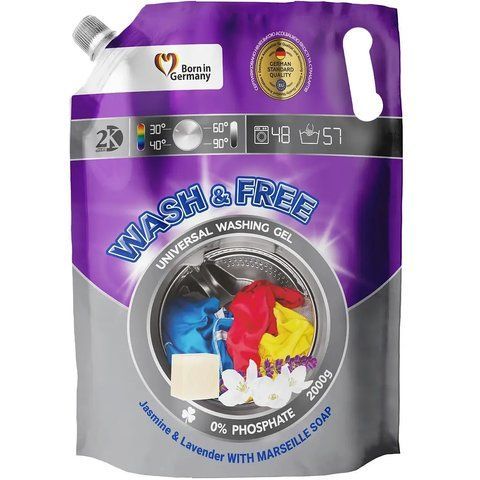 WASH&FREE Гель для прання універсальний жасмин та лаванда з марсельським милом 2000г (DOYPACK) 001430 фото